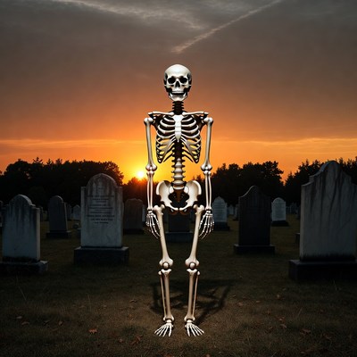 Skeleton standing in cemetery sunset