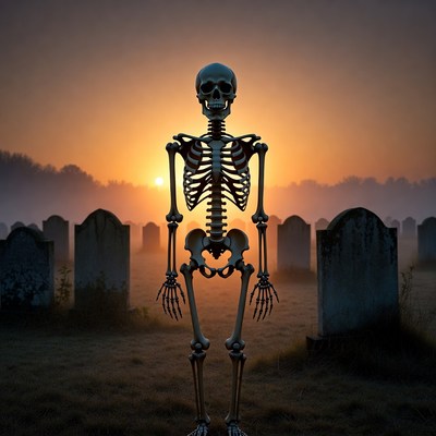 Skeleton standing in foggy graveyard sunset