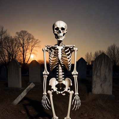 Skeleton Standing in Cemetery at Sunset