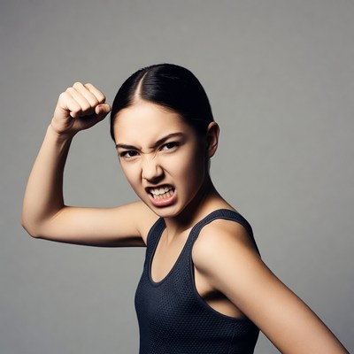 Asian woman flexing fist angrily