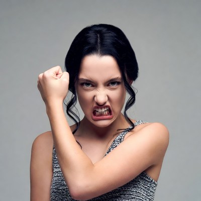 Woman making angry fist