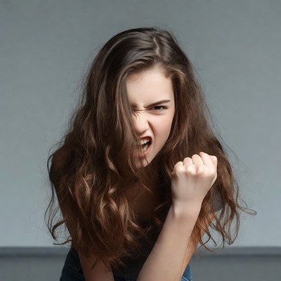 Angry woman clenching fist