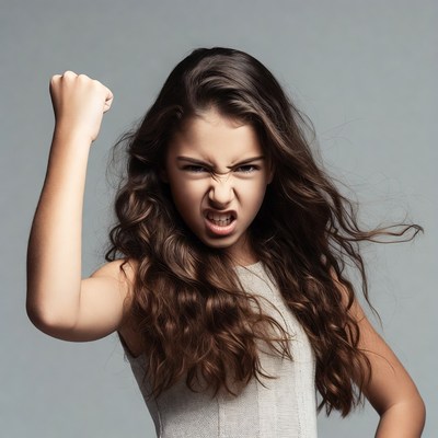 Angry girl clenching fist