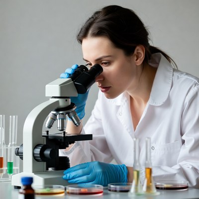 Woman scientist using microscope
