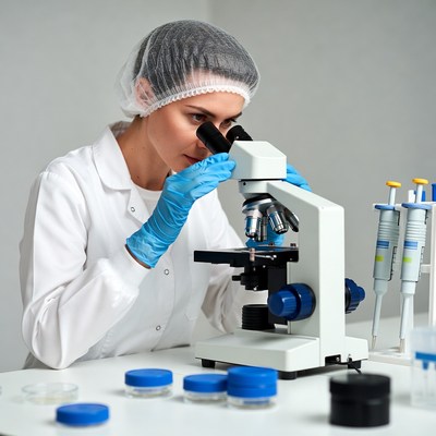 Woman scientist using microscope