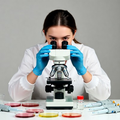 Woman scientist using microscope