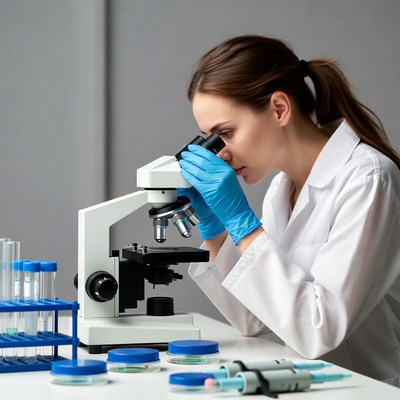 Woman scientist using microscope