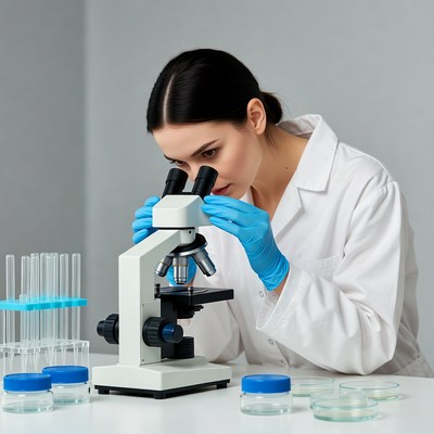 Woman scientist using microscope