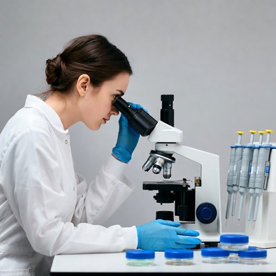 Woman scientist using microscope