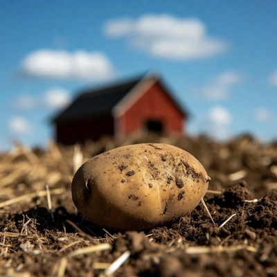 Potato on farm soil with red barn