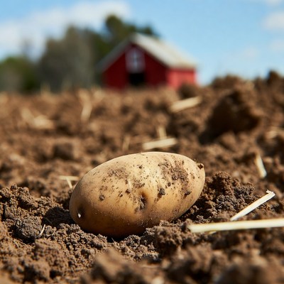 Potato on farm soil with red barn