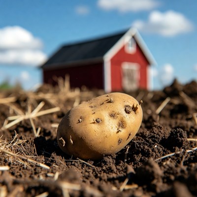 Potato in front of red barn