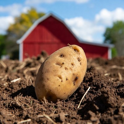 Potato in soil with red barn