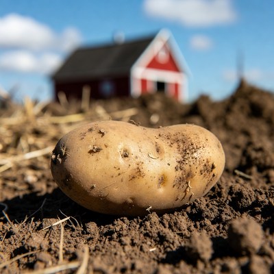 Potato in front of red barn