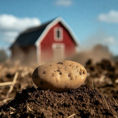 Potato in front of red barn