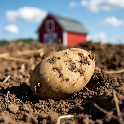Potato in front of red barn