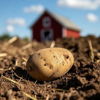 Potato in front of red barn