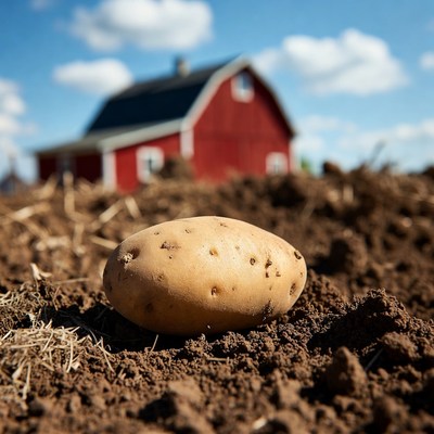 Potato in front of red barn