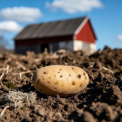 Potato on soil with red barn
