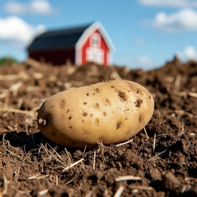 Potato in front of red barn