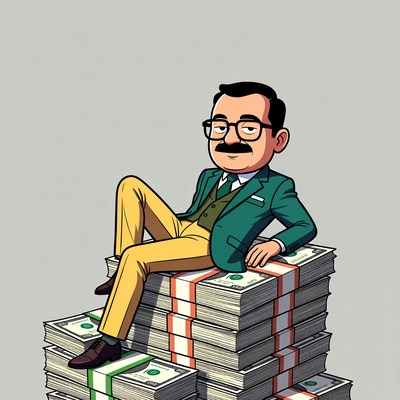 Cartoon man lounging on money stack