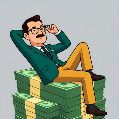 Man relaxing on money stack