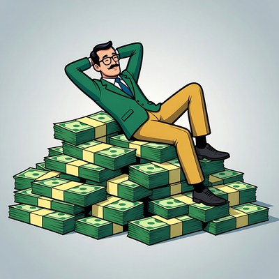 Man relaxing on money pile