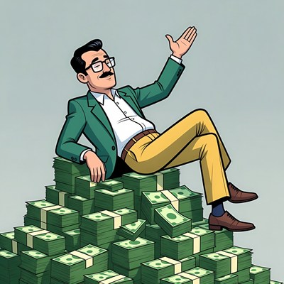 Man lounging on money pile