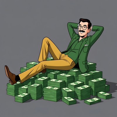 Man relaxing on money pile