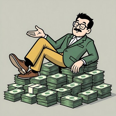 Man lounging on money pile