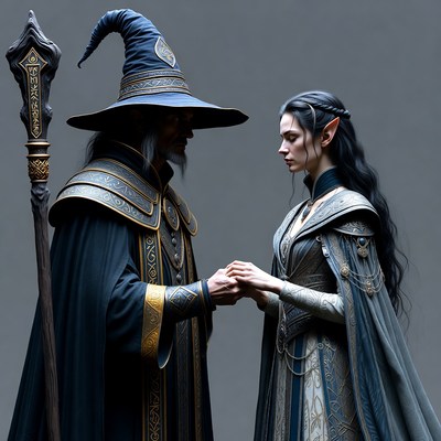 Wizard and Elf Woman Holding Hands