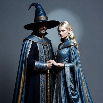 Wizard and Elf Woman in Fantasy Costumes