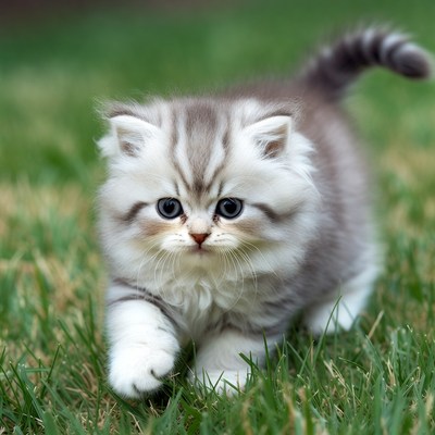 Fluffy British Shorthair kitten on grass