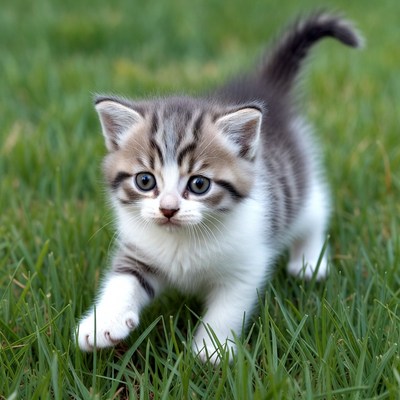 Cute tabby kitten playing on grass