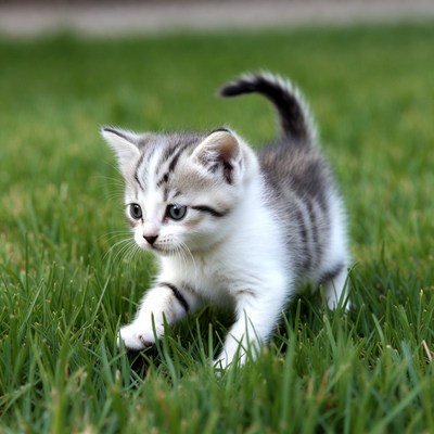 Tabby kitten playing on grass