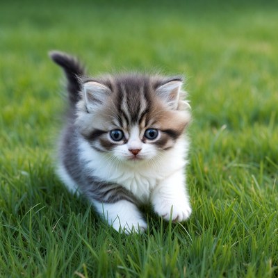 Kitten playing on green grass
