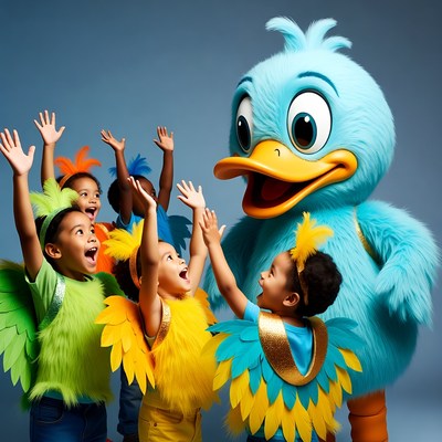 Children cheering with giant blue duck mascot
