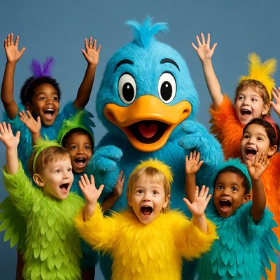 Blue Duck Costume with Happy Children
