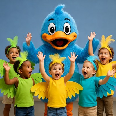 Blue duck mascot with kids in bird costumes