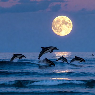 Dolphins jumping near full moon
