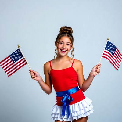 Girl holding American flags in patriotic outfit