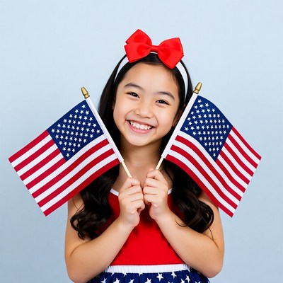 Asian girl holding American flags