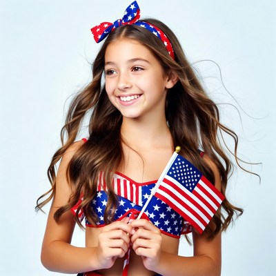 Girl holding American flag in stars and stripes swimsuit