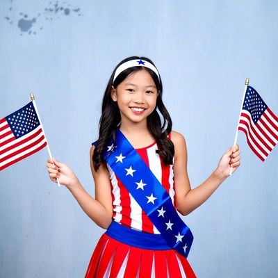 Asian girl holding American flags