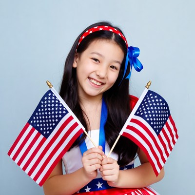 Asian girl holding American flags