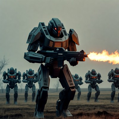 Cyberpunk Robot Soldiers Firing Guns