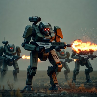 Mechs Firing Guns in Desert