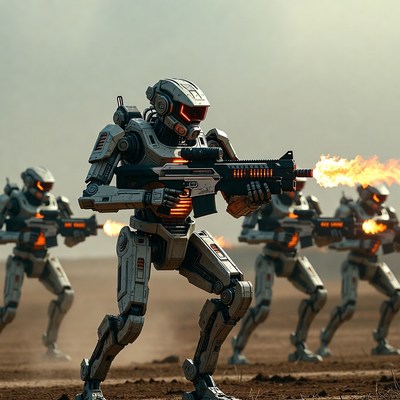Squad of Futuristic Robots Firing Guns