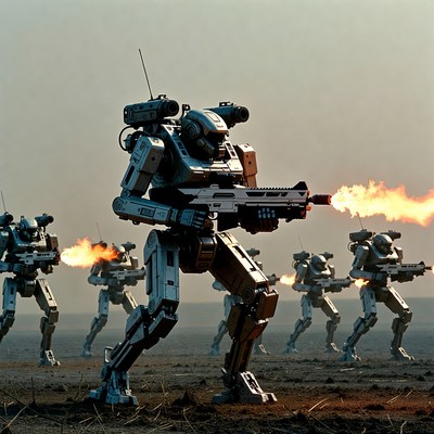 Combat Robots Firing Weapons in Desert