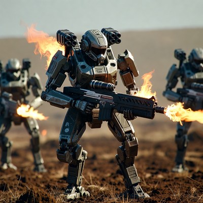 Mecha Robots Firing Flames in Desert